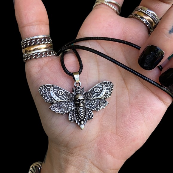 Moth with moon and skull design pewter necklace on leather cord boho goth - Picture 12 of 15